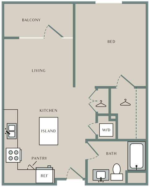 Floor plan for 1 bed, 1 bath, 785 sqft